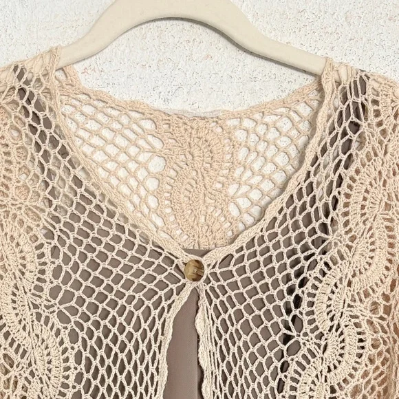 Vintage Open Knit Sweater Crochet Lace Fairy Indie Sleazy S Beige Cream - Picture 2 of 7